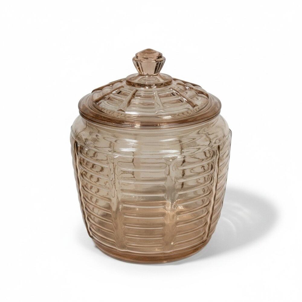 Vintage Anchor Hocking Pink Depression Glass MANHATTAN Pattern Cookie Candy Jar